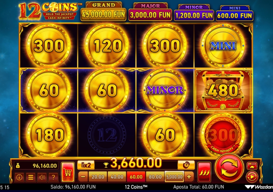 Tela do slot 12 Coins com moedas, valores em dinheiro e jackpots Mini e Minor na grade.