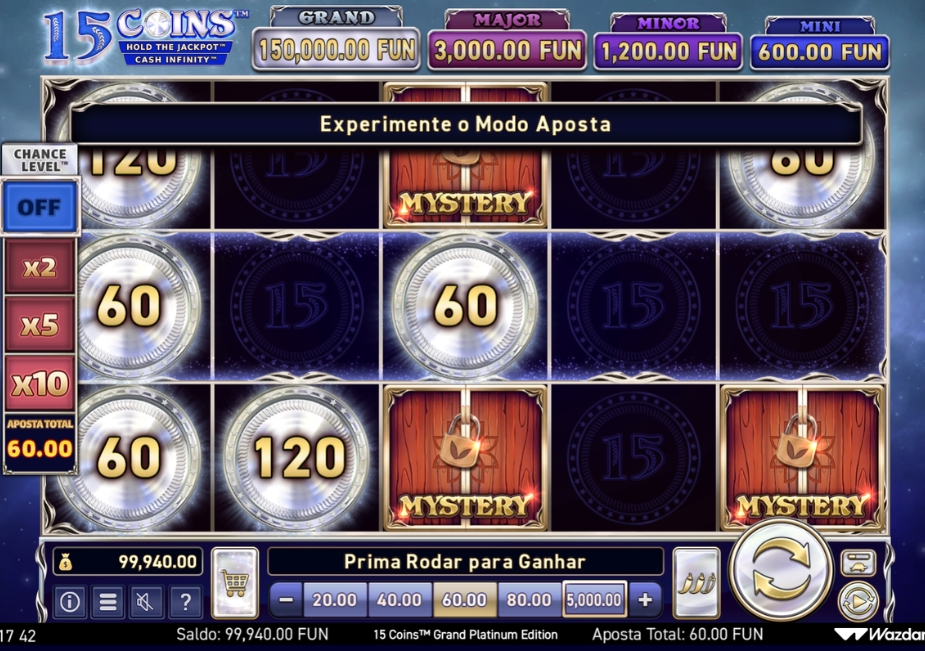 Tela do slot 15 Coins Grand Platinum Edition com grade 5x3, símbolos Cash e Mystery, níveis de Chance Level e valores dos jackpots.
