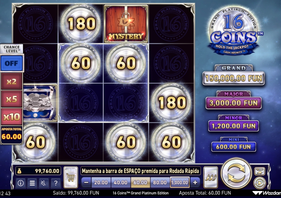 Tela do slot 16 Coins Grand Platinum Edition com grade 4x4, símbolos Cash prateados, símbolo Mystery, níveis de chance e valores dos jackpots.
