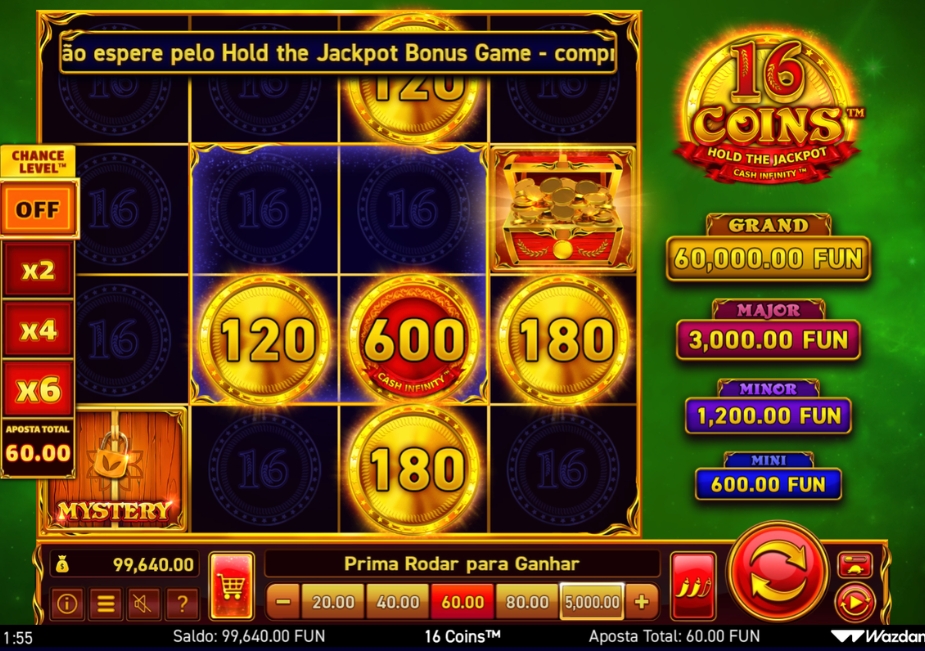 Tela do slot 16 Coins com grade 4x4, símbolos Cash e Cash Infinity, níveis de chance e valores dos jackpots GRAND, MAJOR, MINOR e MINI.