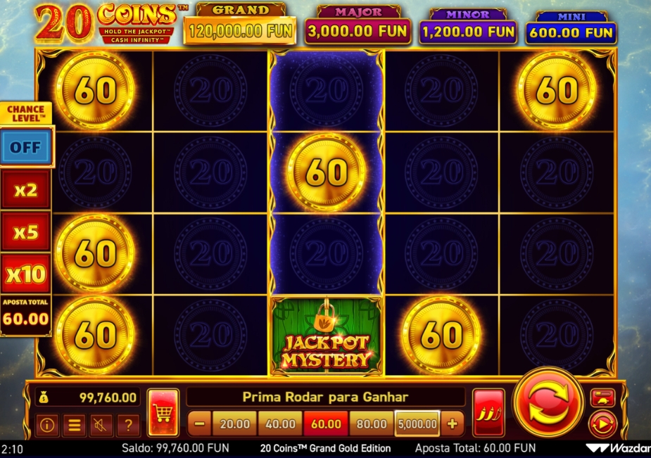 Tela do slot 20 Coins Grand Gold Edition com moedas Cash, símbolo Jackpot Mystery no rolo central e valores dos jackpots Grand, Major, Minor e Mini.