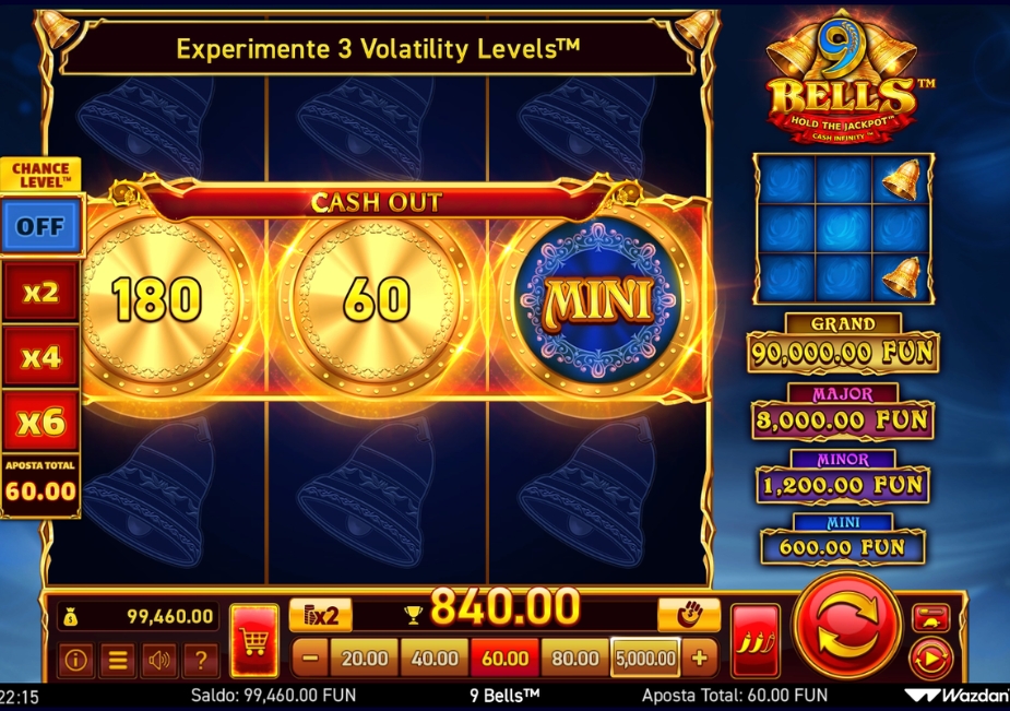Tela do slot 9 Bells mostrando o Cash Out com símbolos de valores 180, 60 e jackpot Mini, além da Bonus Matrix e dos níveis de chance x2, x4 e x6.