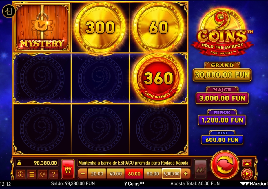 Tela do slot 9 Coins com grade 3×3, símbolos Mystery, Cash e Cash Infinity e valores dos jackpots Grand, Major, Minor e Mini.