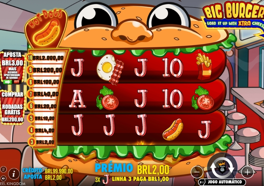 Tela do slot Big Burger – Load It Up With Xtra Cheese com hambúrguer gigante e símbolos de fast-food nos rolos.