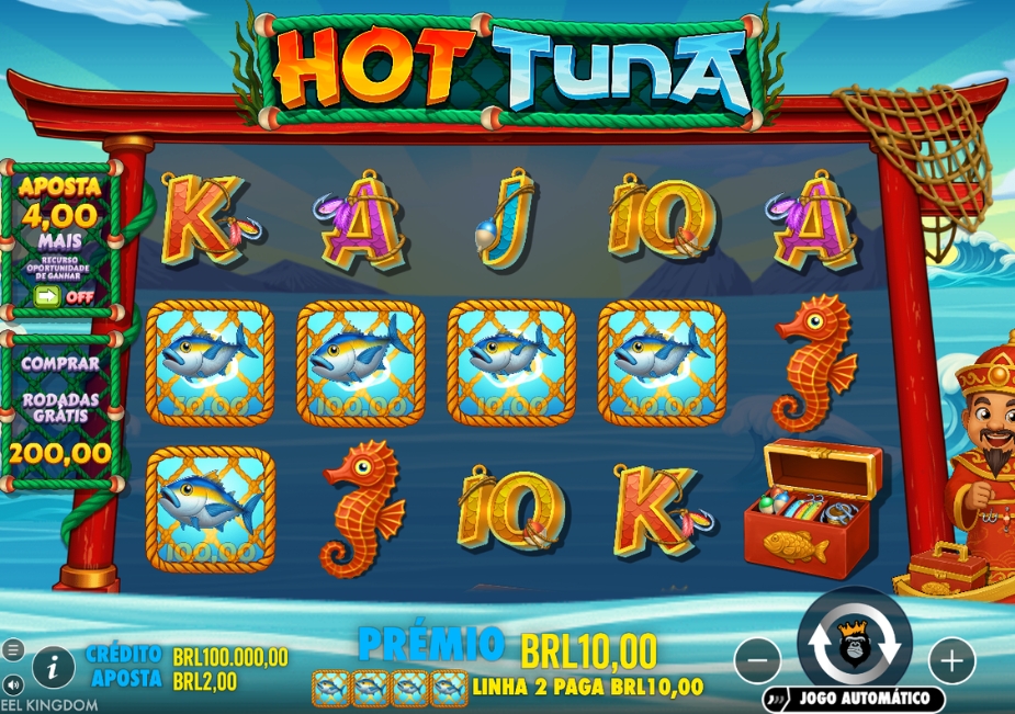 Tela do slot Hot Tuna com símbolos de peixes, cavalo-marinho e prêmio de R$ 10,00.