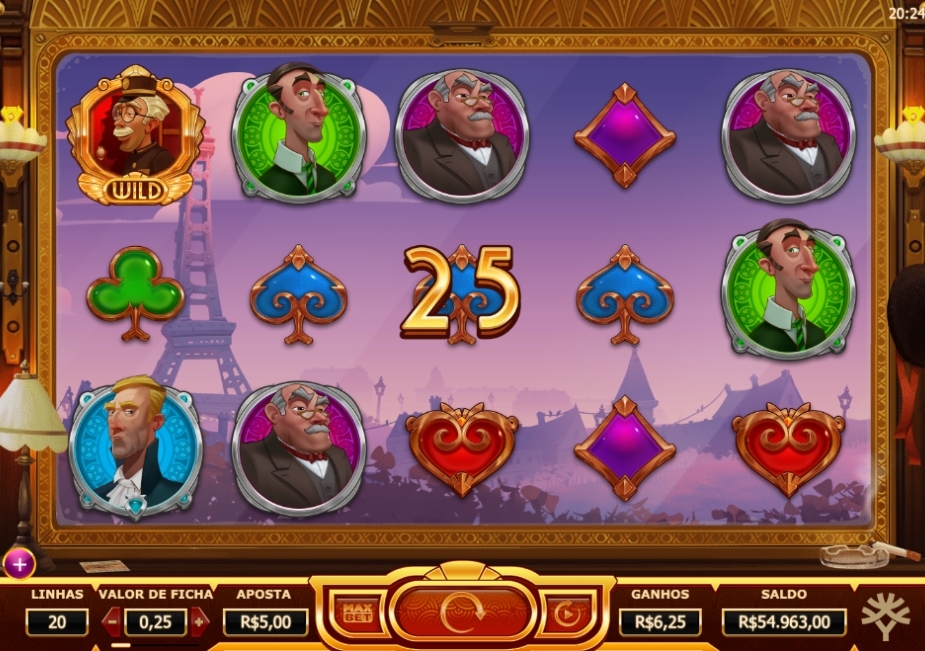 Tela do slot Orient Express em Paris, com símbolo WILD, passageiros e naipes de cartas nos rolos.