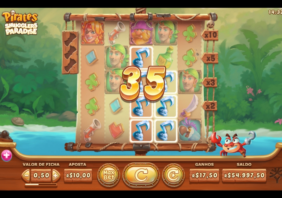 Tela do slot Pirates – Smugglers Paradise com cluster vencedor e multiplicadores de até x10.