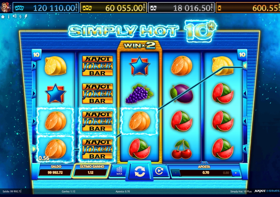 Tela do slot Simply Hot 10+ com frutas, estrelas SCATTER e símbolo Joker BAR WILD expandido nos rolos.
