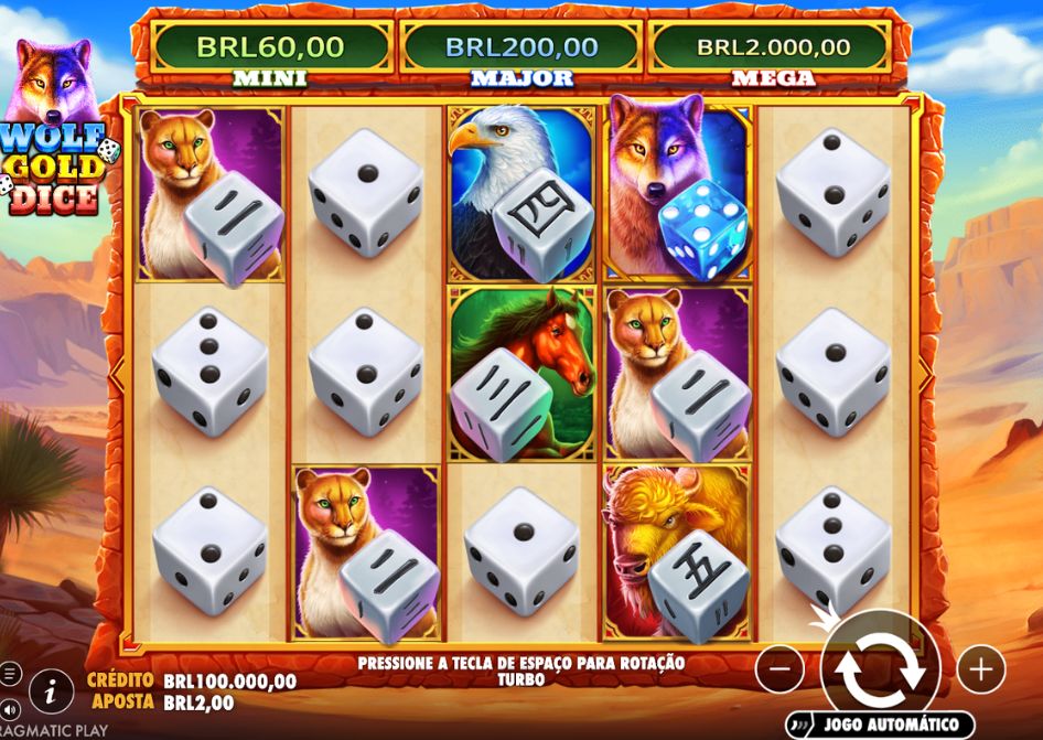 Tela do slot Wolf Gold Dice com símbolos de animais selvagens e dados nos rolos.