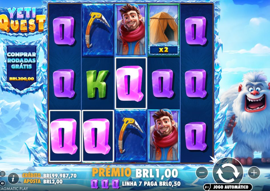 Tela do slot Yeti Quest com símbolos de montanhismo, Yeti e prêmio de R$ 1,00.