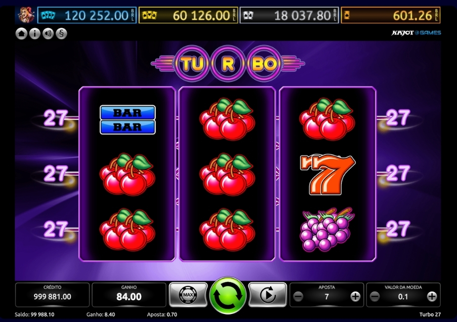Tela do slot Turbo 27 com cerejas, uvas, sete e símbolo BAR nos três rolos.