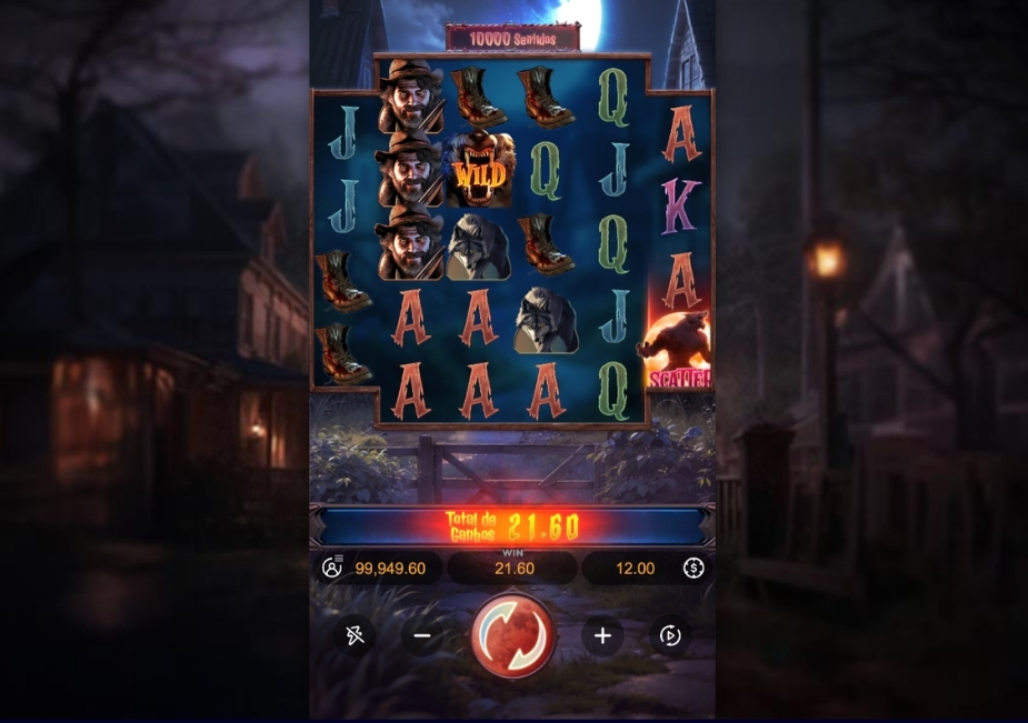 Tela do slot Werewolf’s Hunt com símbolos WILD, SCATTER, caçador e lobo nos rolos.