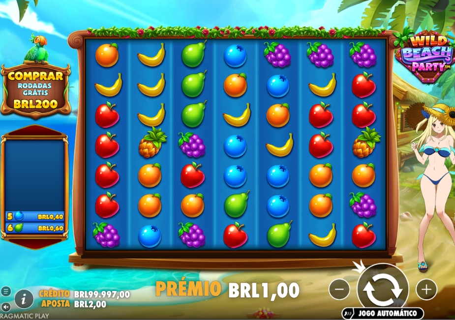 Tela do slot Wild Beach Party com grade de 7x7, símbolos de frutas tropicais e prêmio de R$ 1,00.