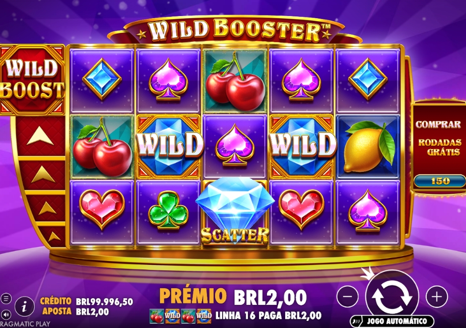 Tela do slot Wild Booster com símbolos de frutas, Wilds multiplicadores, diamante Scatter e prêmio de R$ 2,00.