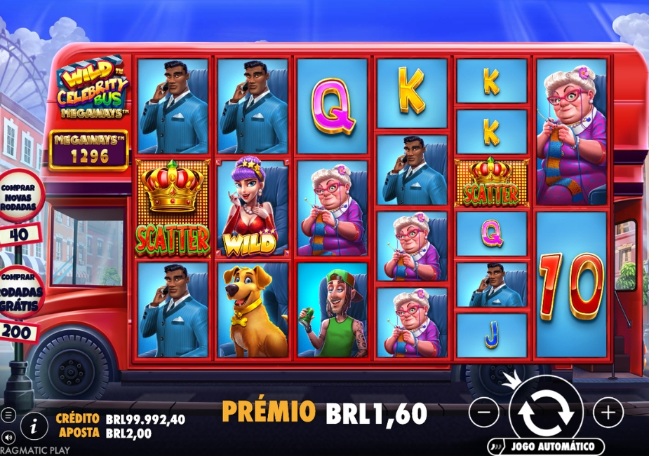 Tela do slot Wild Celebrity Bus Megaways com símbolos de personagens, Wild, Scatter e prêmio de R$ 1,60.