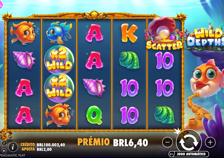 Tela do slot Wild Depths com peixes, conchas, Wilds 2x, símbolo Scatter e prêmio de R$ 6,40.