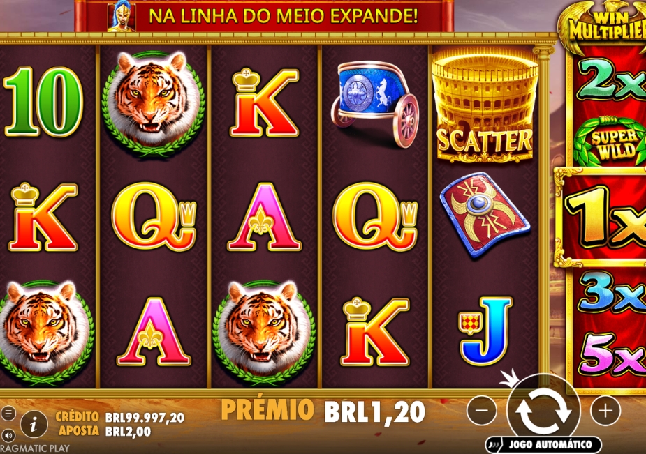 Tela do slot Wild Gladiators com símbolos de gladiadores, tigres, Scatter e multiplicadores de até 5x.