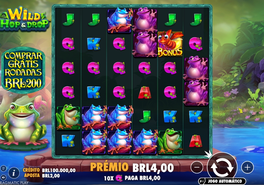 Tela do slot Wild Hop & Drop com sapos coloridos, símbolo Bonus e prêmio de R$ 4,00.