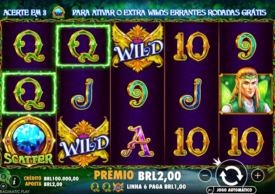 Tela do slot Wild Pixies com símbolos WILD, SCATTER e um elfo nos rolos.