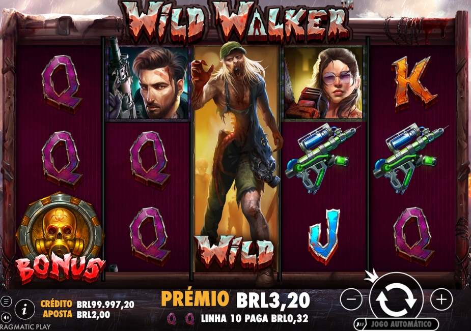 Tela do slot Wild Walker com zumbi no símbolo WILD, personagens pós-apocalípticos, armas e símbolo BONUS.