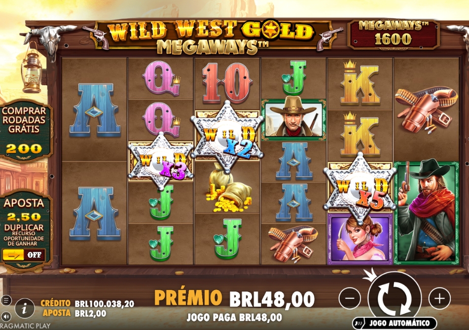 Tela do slot Wild West Gold Megaways com rolos variáveis, símbolos WILD com multiplicadores de 2x, 3x e 5x e personagens do Velho Oeste.