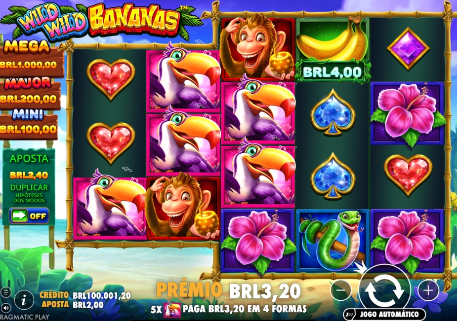Tela do slot Wild Wild Bananas com macacos, tucanos, bananas, flores tropicais e valores dos jackpots Mega, Major e Mini.