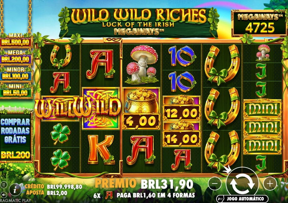 Tela do slot Wild Wild Riches Megaways com símbolos Wild, ferraduras, trevos, cogumelos, potes de ouro e valores dos jackpots.