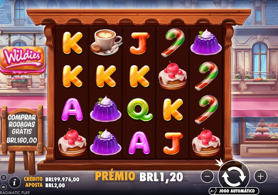 Tela do slot Wildies com cinco rolos e símbolos de doces, café e cartas em uma cafeteria colorida.