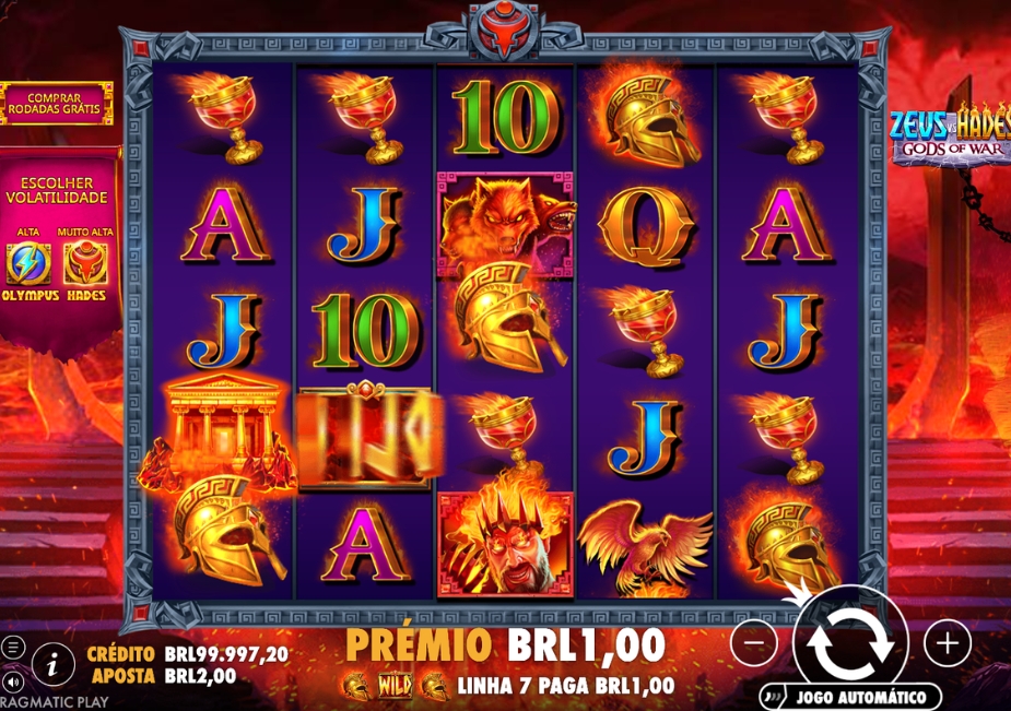 Tela do slot Zeus vs Hades – Gods of War no modo Hades, com Cérbero, fênix, capacetes e símbolos de cartas nos rolos.