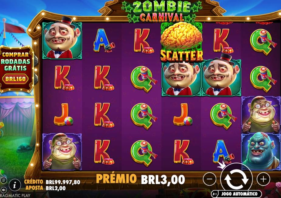 Tela do slot Zombie Carnival com personagens zumbis, símbolo Scatter e prêmio de R$ 3,00.