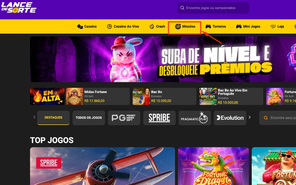 Área de Missões da Lance de Sorte destacada no menu da plataforma para consultar as missões diárias disponíveis.