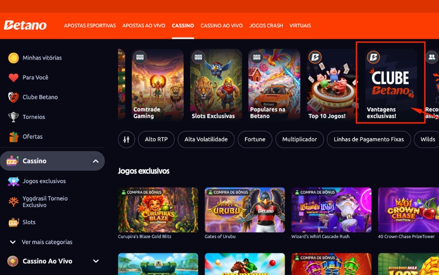 Área de cassino da Betano com destaque para o acesso ao Clube Betano