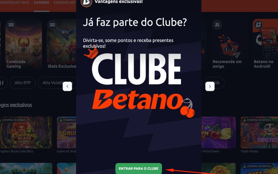 anela do Clube Betano com botão “Entrar para o Clube” para ativar a participação