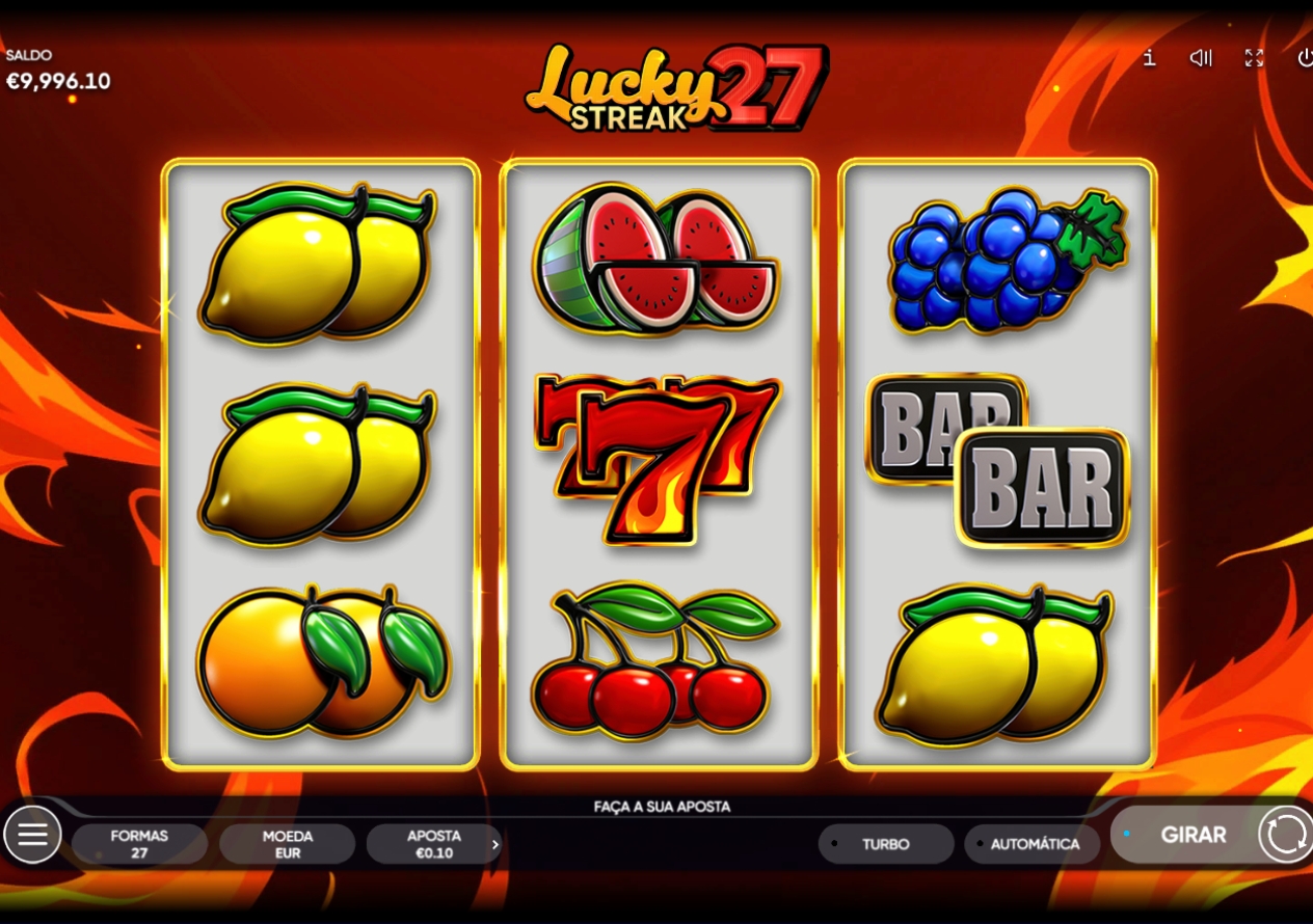 Tela do slot Lucky Streak 27 com três rolos, frutas, símbolo BAR e Sete vermelho em destaque.