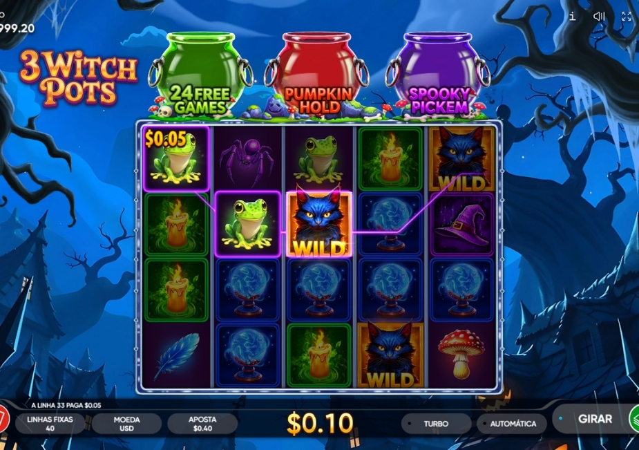 Tela do slot 3 Witch Pots com símbolos de gatos, sapos, velas, bolas de cristal e três caldeirões de bônus.