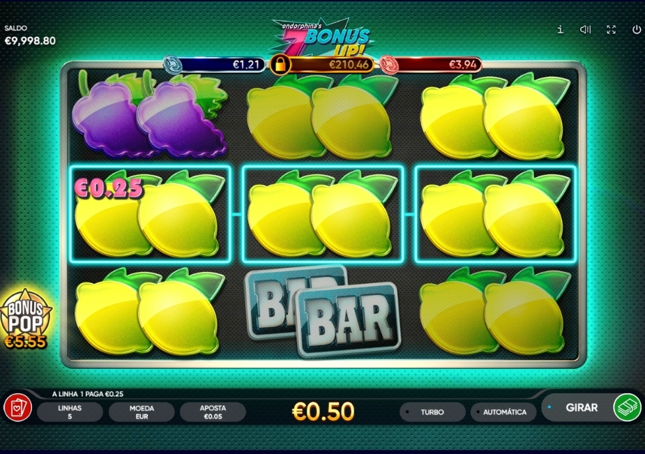Tela do slot 7 Bonus Up com símbolos de limões, ameixas e barras em uma grade de 3 rolos.