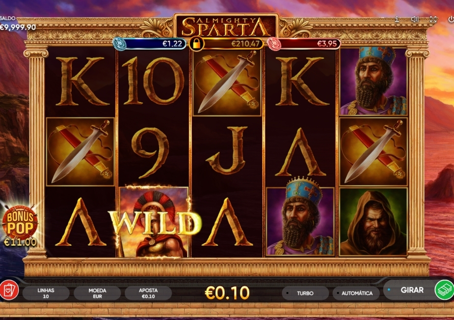 Tela do slot Almighty Sparta com símbolos de guerreiros, espadas, letras e um Wild espartano em uma grade de 5×3.