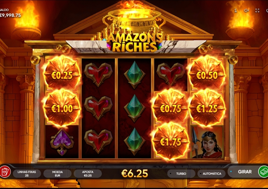 Tela do slot Amazons Riches com símbolos de pedras preciosas, prêmios em moedas de fogo e uma guerreira amazona.