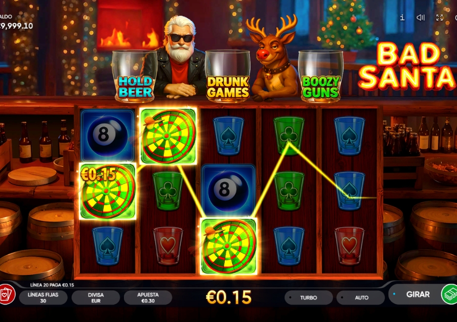 Tela do slot Bad Santa com Papai Noel e Rudolph em um bar, além de símbolos de dardos, bolas de sinuca e copos.