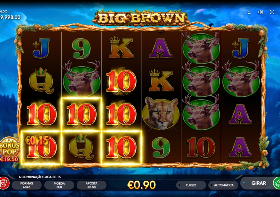 Tela do slot Big Brown com símbolos de cervos, puma, letras e números em um cenário de floresta.