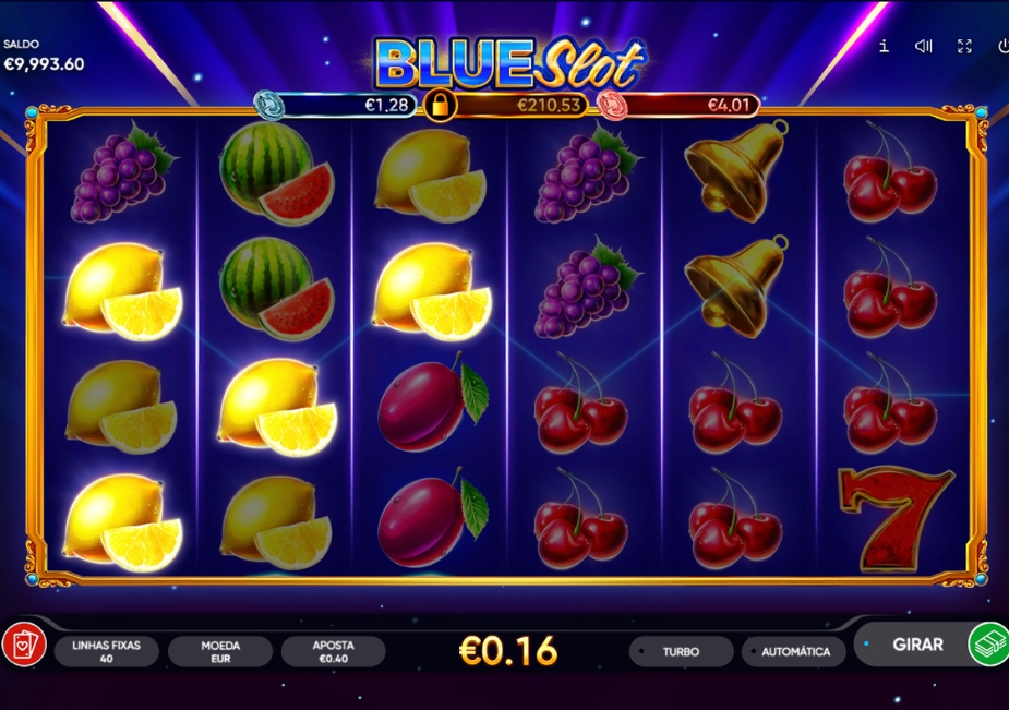 Tela do slot Blue Slot com símbolos de limões, melancias, uvas, ameixas, cerejas, sinos e sete sobre um fundo azul.