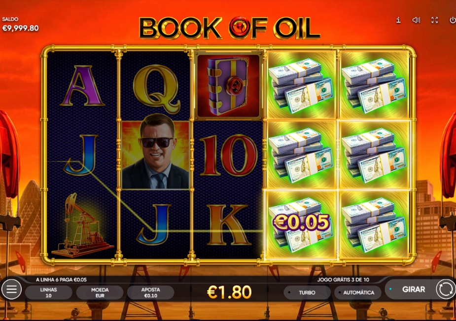 Tela do slot Book of Oil com rolos mostrando pilhas de dinheiro, plataforma de petróleo, empresário, livro e símbolos de cartas.