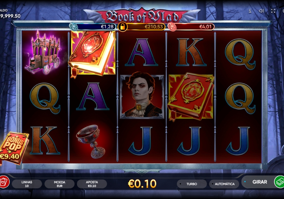 Tela do slot Book of Vlad com rolos exibindo vampiro, castelo, livros, cálice com sangue e símbolos de cartas.