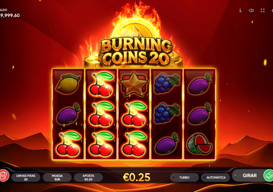 Tela do slot Burning Coins 20 com rolos exibindo cerejas, uvas, ameixas, melancia, limão e estrela em um cenário de fogo.