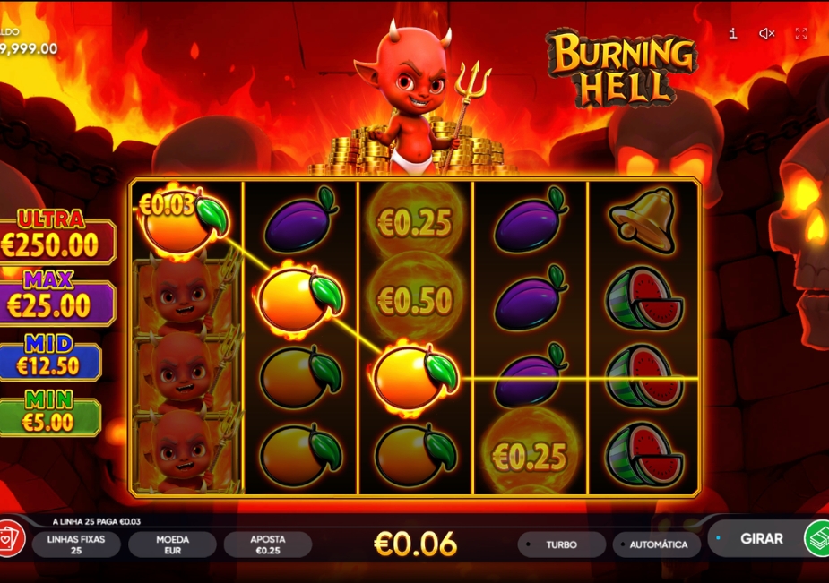 Tela do slot Burning Hell com um pequeno demônio, cenário em chamas e rolos com laranjas, ameixas, melancias, sinos e símbolos de bônus.
