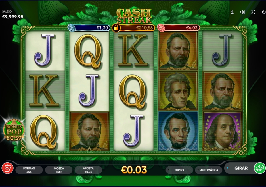 Demo grátis do slot Cash Streak com símbolos de cédulas de dólar e letras nos rolos