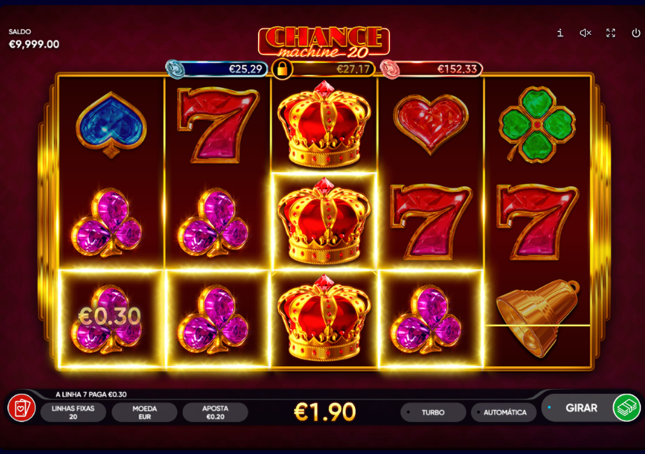 Tela do slot Chance Machine 20 com rolos, símbolos clássicos e combinação vencedora destacada.