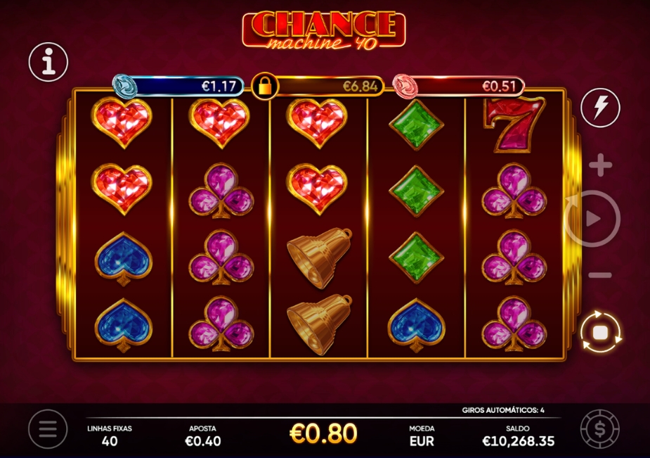Tela do slot Chance Machine 40 com cinco rolos, símbolos clássicos e 40 linhas de pagamento.