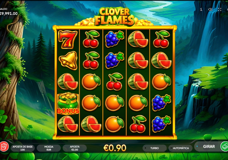 Clover Flames da Endorphina com símbolos de frutas, pote de ouro Bonus e cenário de montanhas ao fundo