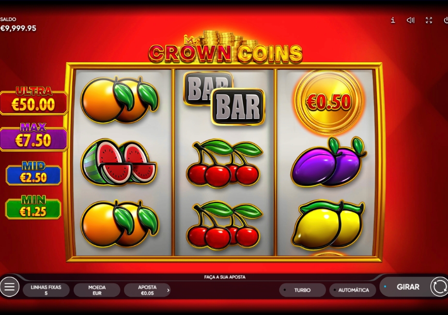 Crown Coins da Endorphina com símbolos clássicos de frutas, BAR e prémios jackpot numa grelha de 3 rolos